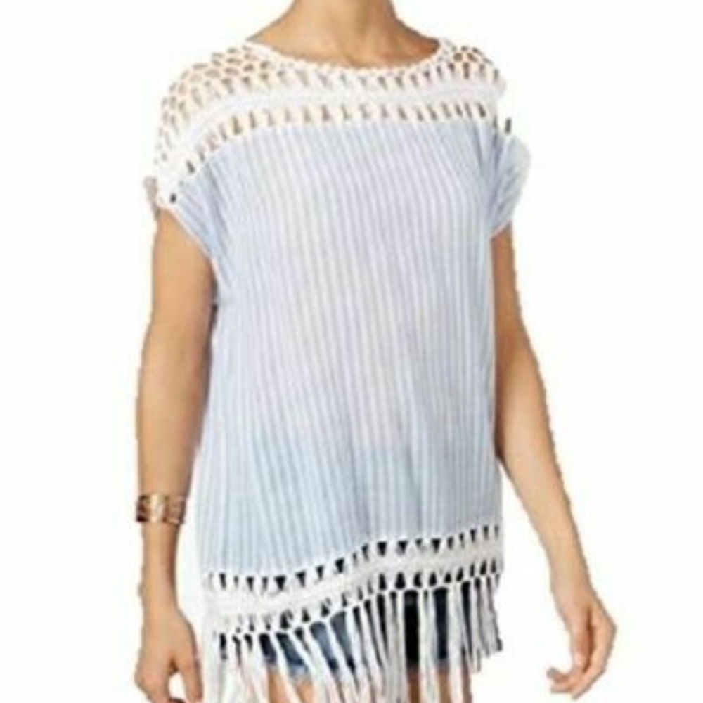 Steve Madden Summer Stripe Crochet Poncho Navy New - Picture 8 of 8